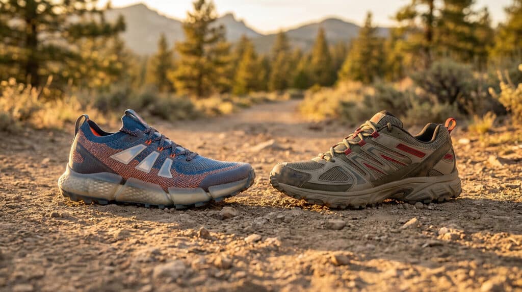 Vue rapprochée de deux chaussures de trail sur un sentier en terre battue, l'une moderne bleue et orange, l'autre kaki et rouge.